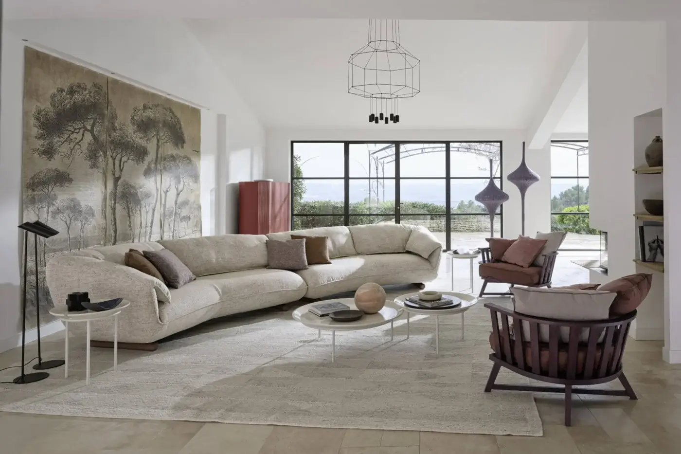 Sophisticated Gervasoni Club sectional in light beige textile with ash wood feet and organic rounded voluminous proportions