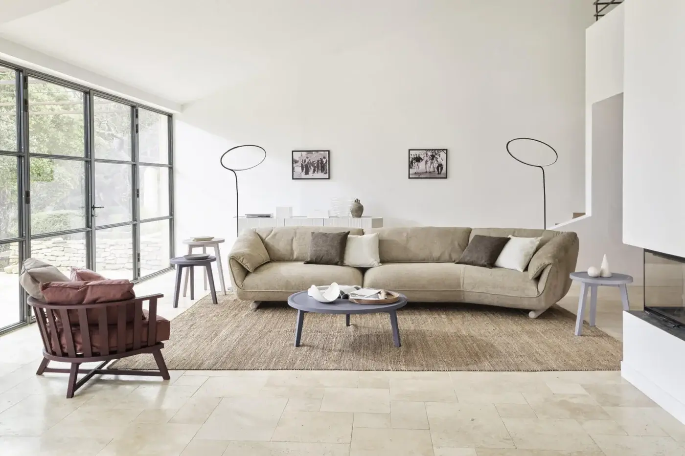 Exquisite Gervasoni Club sectional in neutral taupe matte textured textile with organic silhouette and ash wood feet
