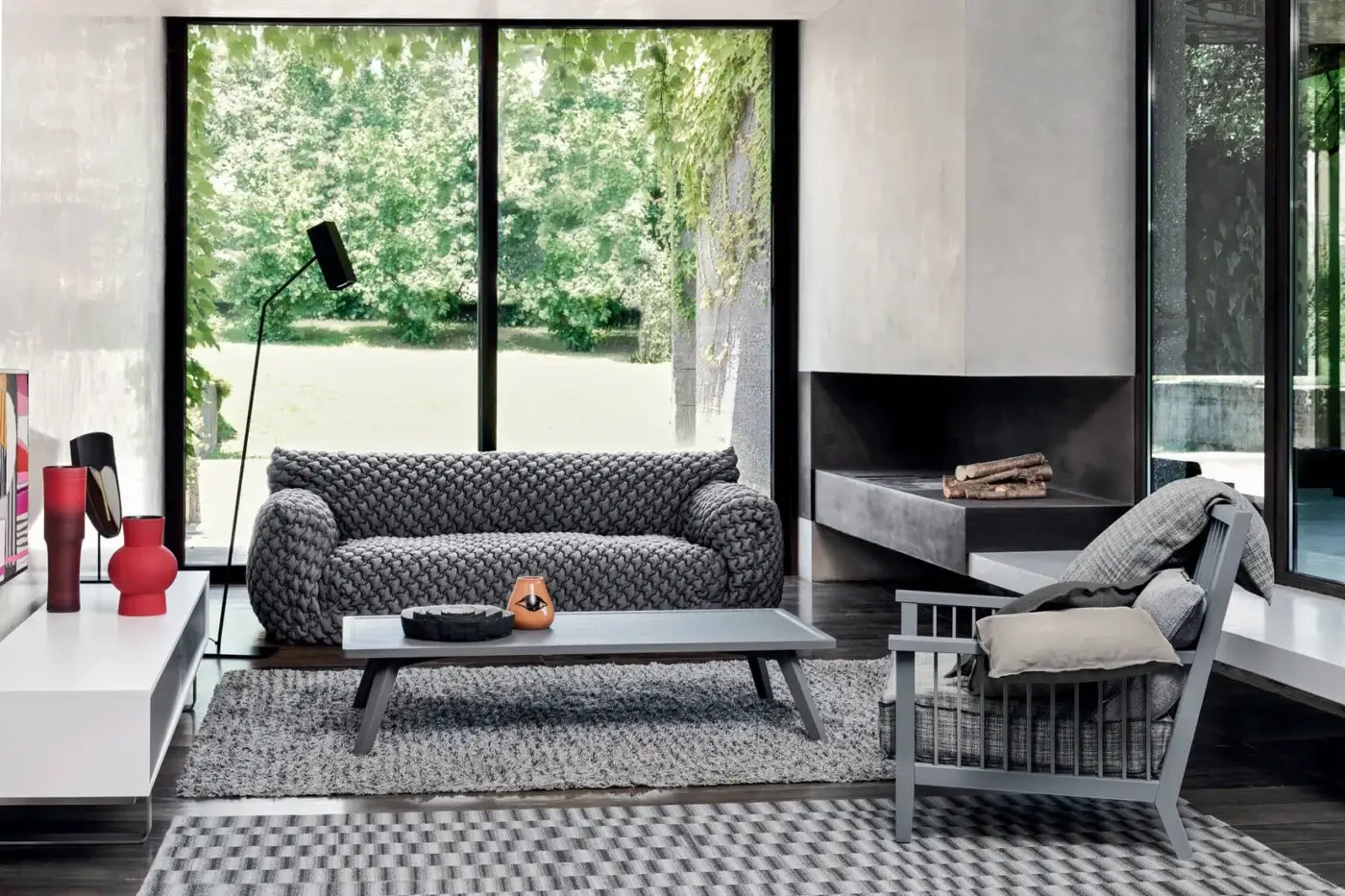 Impeccable Gervasoni Gray 01 lounge chair with geometric angular ash wood frame and muted beige down cushions