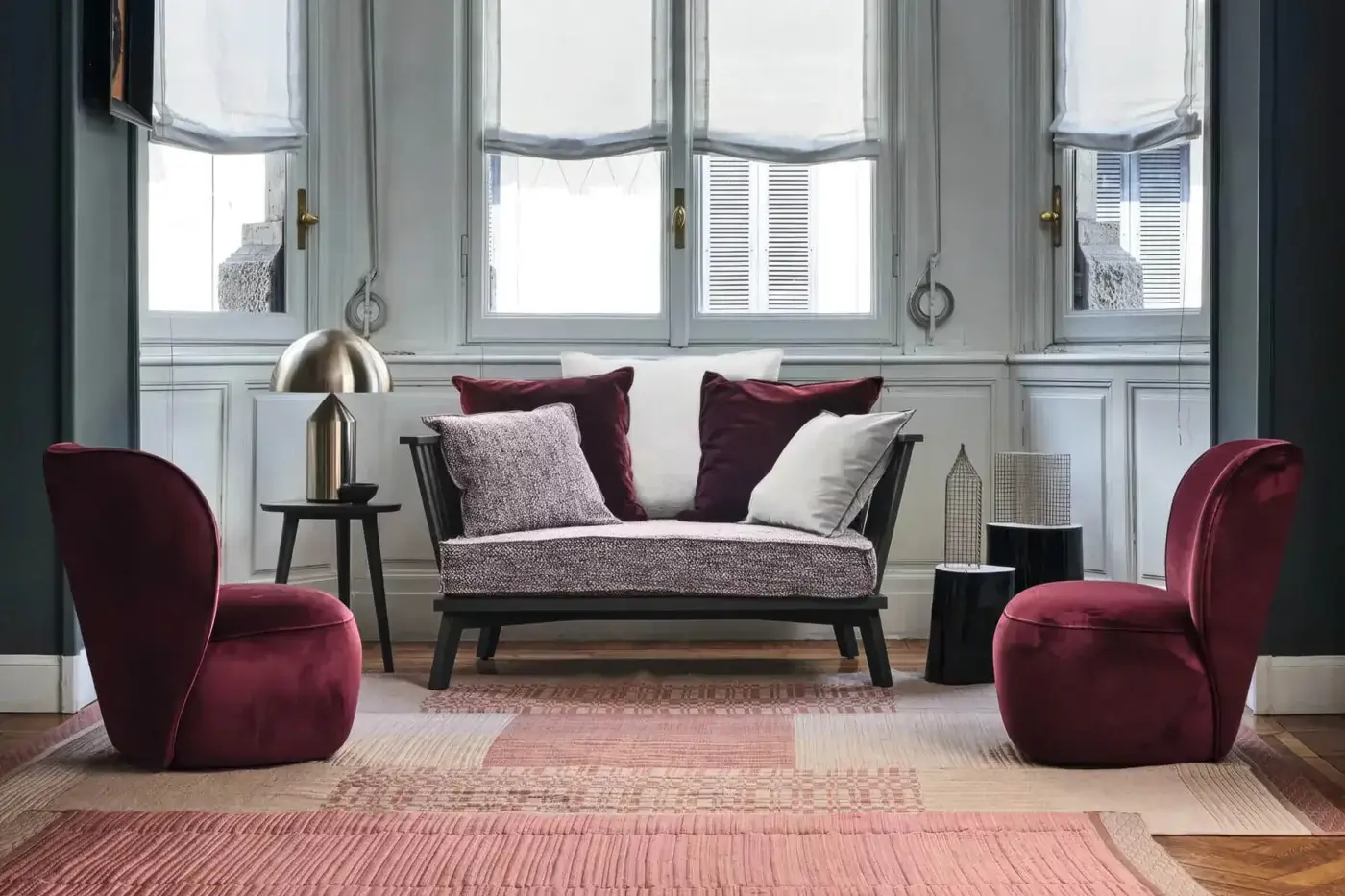 Sophisticated Gervasoni Gray 05 loveseat with Nordic design minimalist ash wood frame and burgundy white muted cushions