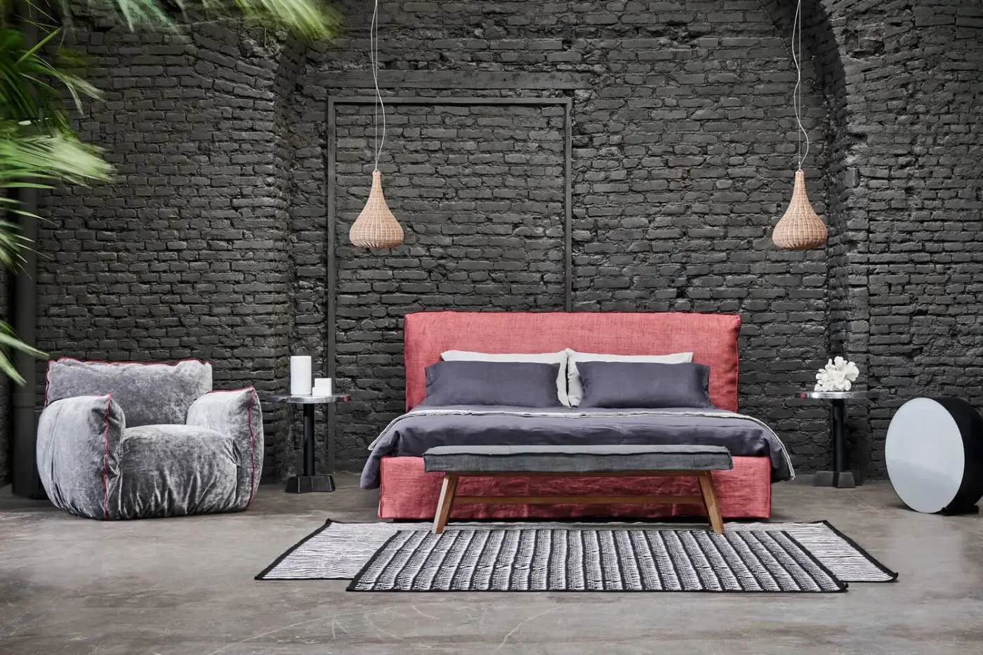 Exquisite Gervasoni Gray 15 bench in charcoal textile and natural ash wood frame with artisanal visible stitching