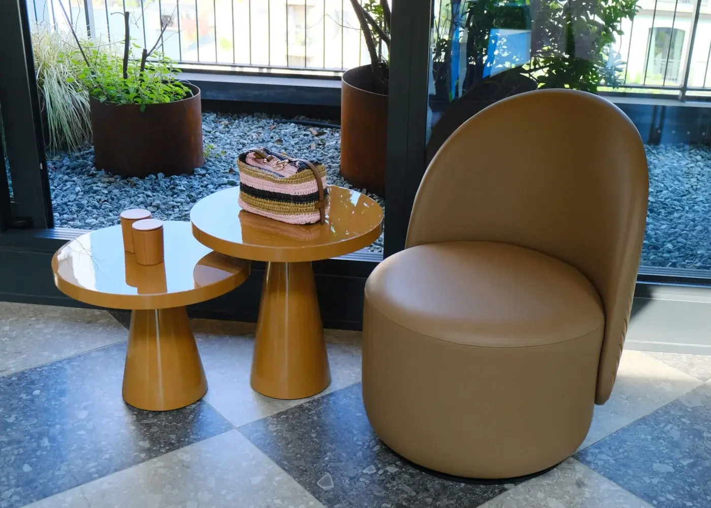 Distinctive Furla Casa Iride side table with circular top and tapering conical base in ochre high-gloss lacquer finish