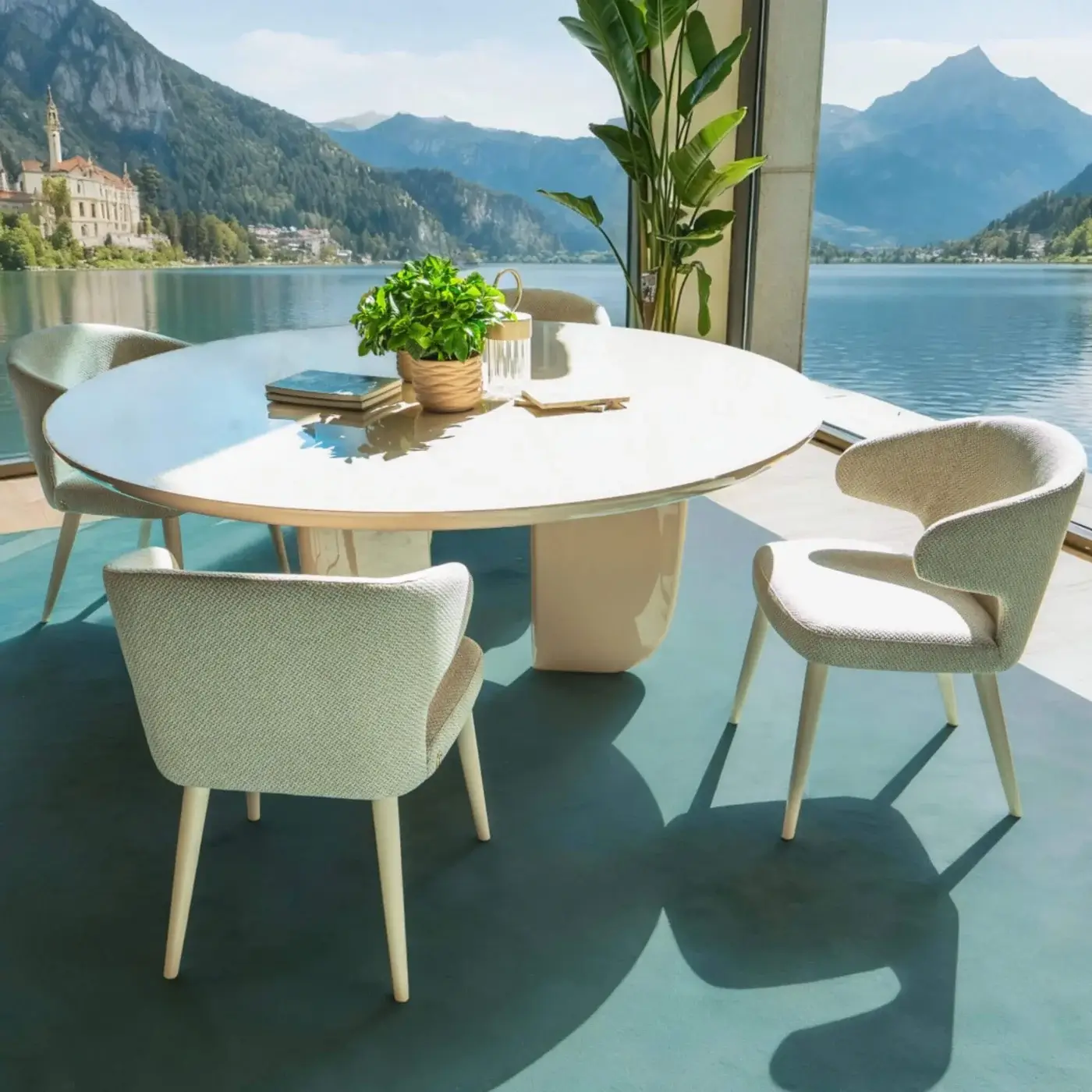 Architectural Furla Casa Petalo round table in luminous light cream veneered wood with glossy mirrored half-arch legs