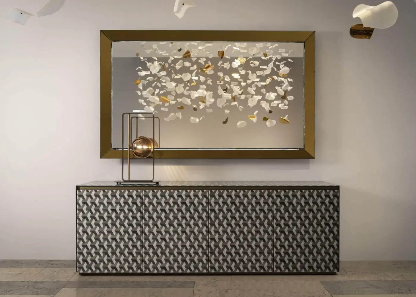 Superior Reflex Prisma mirror with mirrored glass and a hanging sculpture of white and gold-colored elements crafted in Italy