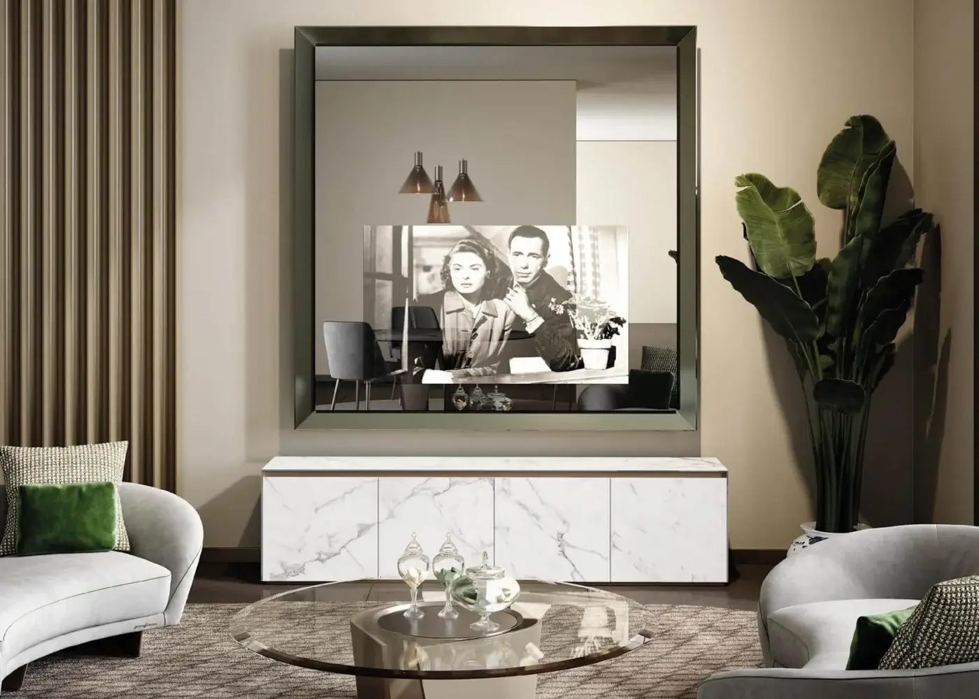 Exceptional Reflex Prisma TV mirror crafted with muted green glass and supersilver, exhibiting a sleek beveled finish