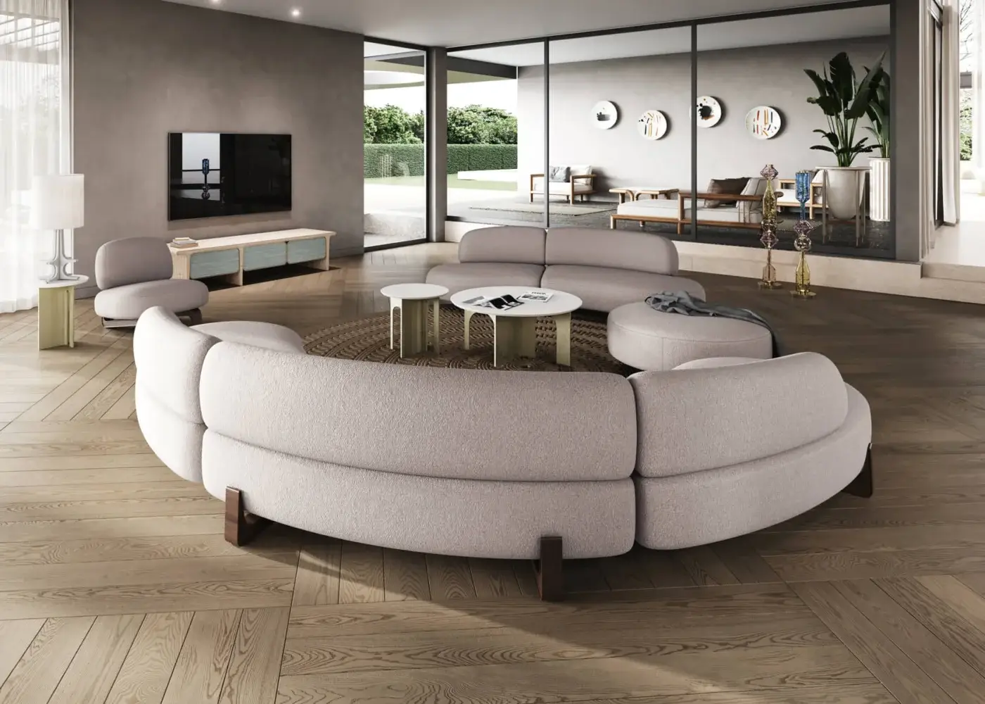 Exquisite Paolo Castelli Arche coffee table featuring natural ivory polished stone top and warm brown slatted wooden base