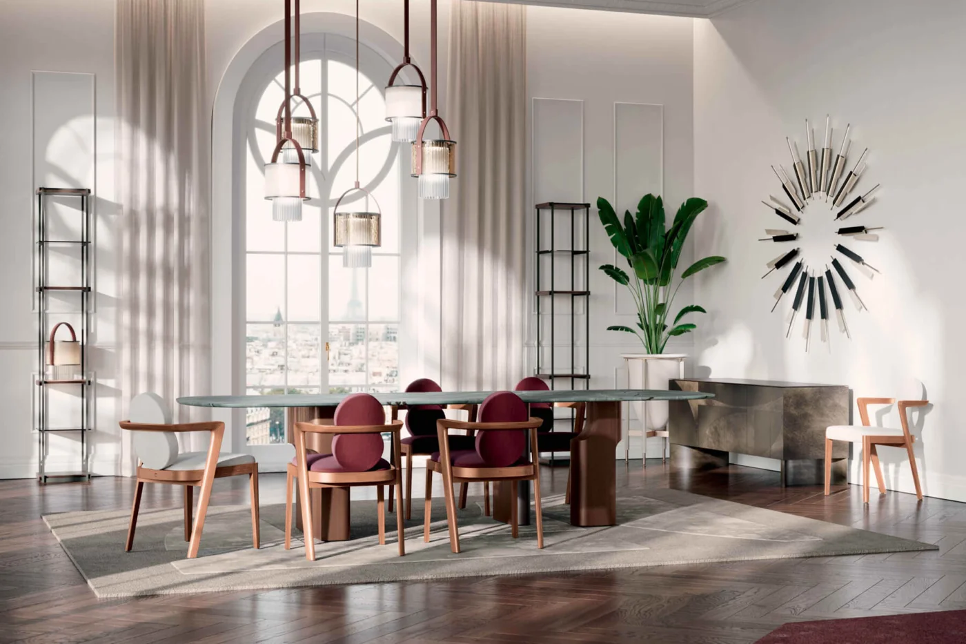 Sophisticated Paolo Castelli sideboard in walnut stained ash wood with brass doors and glass top