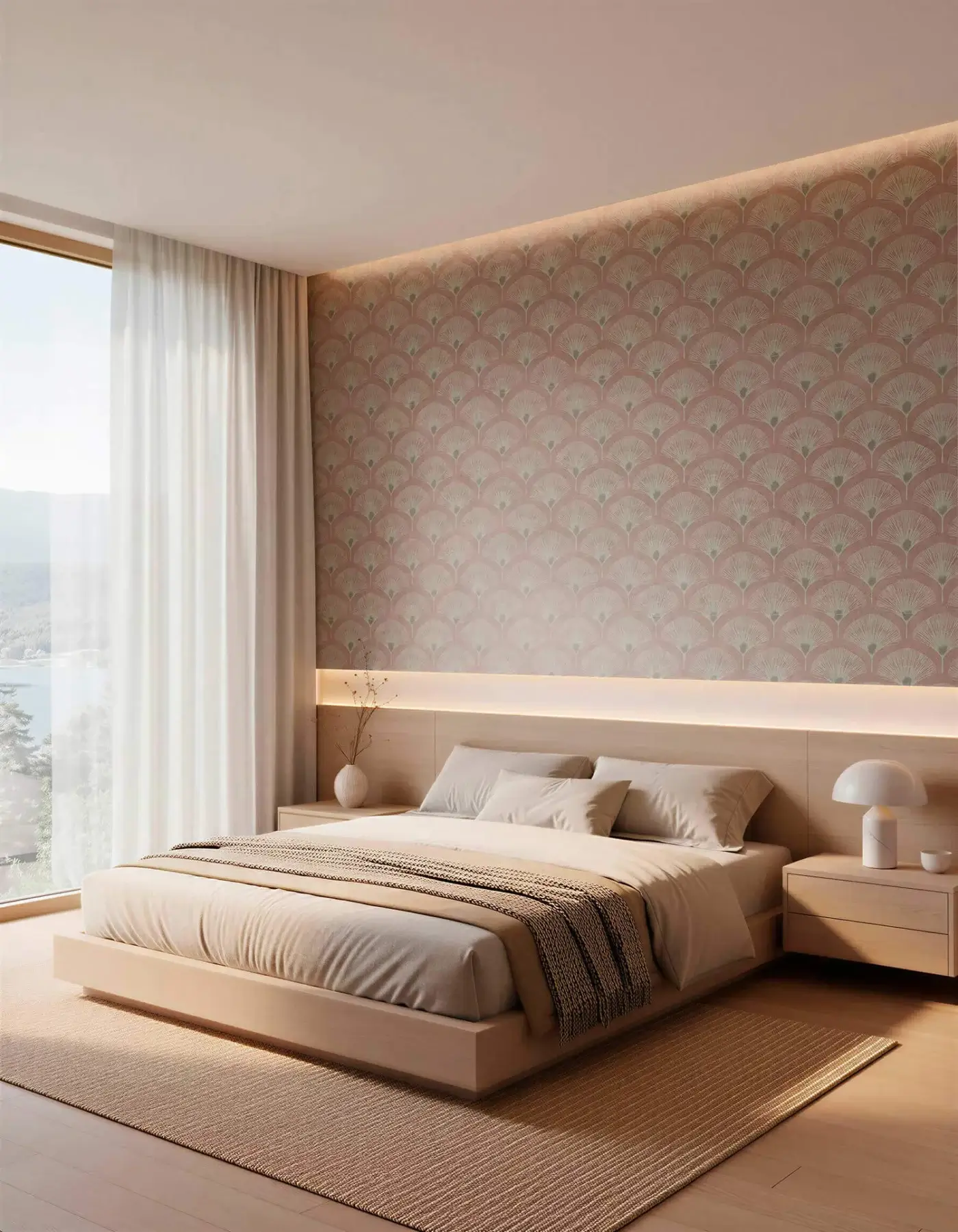 Exquisite Cassoni wallcovering by Tecnografica Italian Wallcoverings featuring fan geometric pattern in pink cream matte textured finish