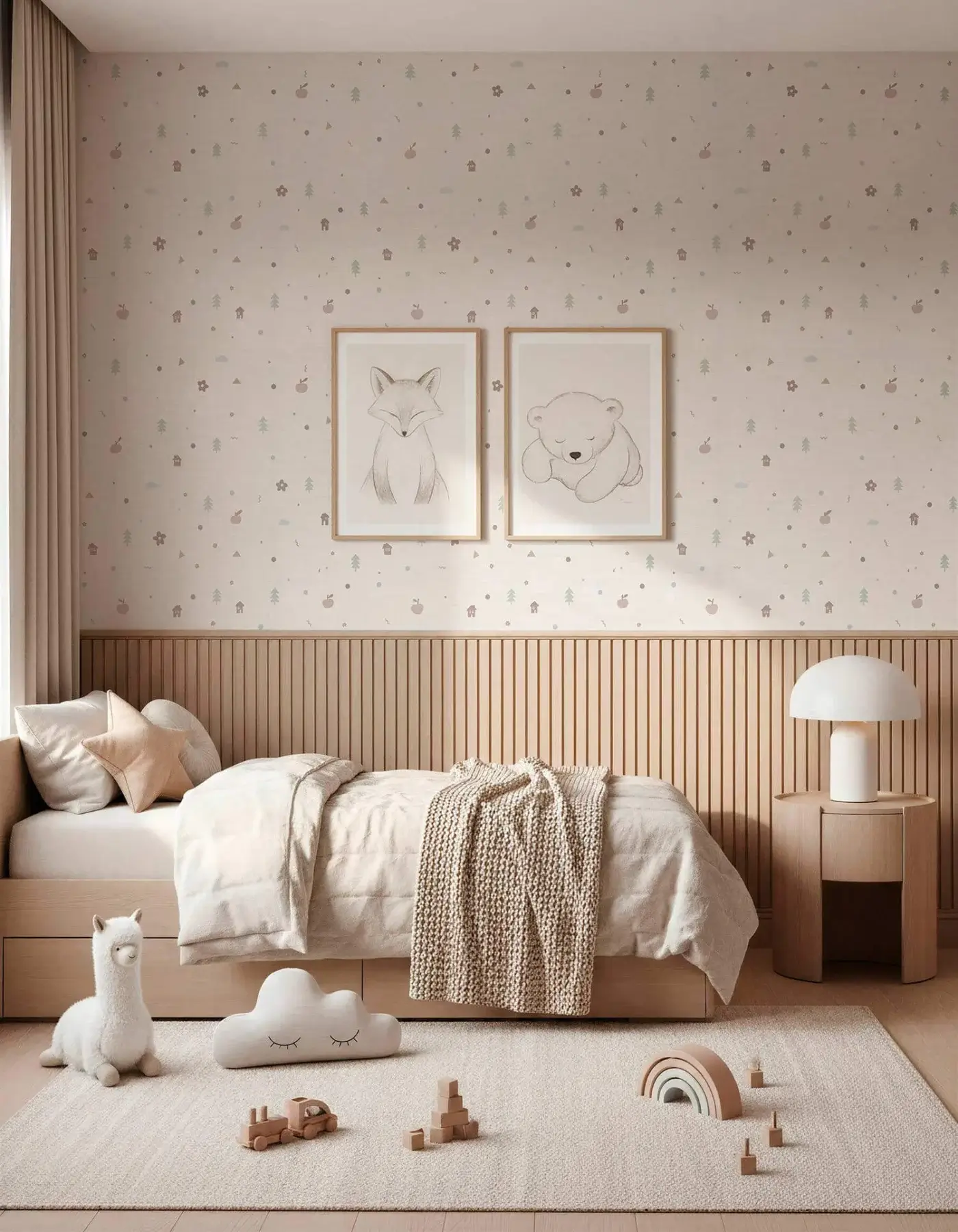 Sophisticated Tecnografica wallcovering in off-white paper with matte finish and colorful tree house motifs
