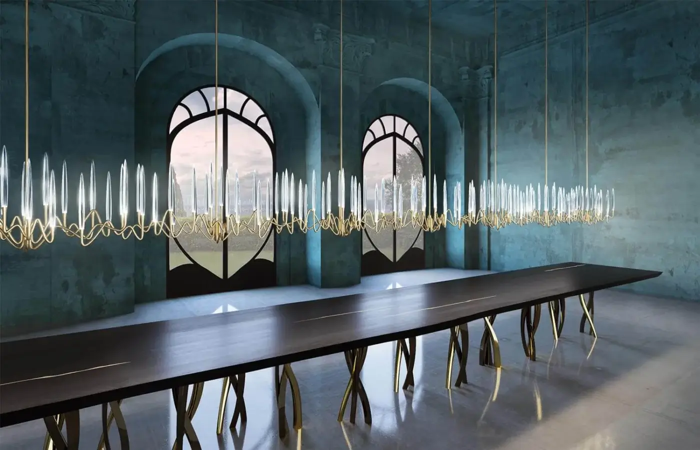Exceptional Il Pezzo Mancante chandelier built with hand-forged brass and clear solid crystal illuminated with LED technology in gold finish