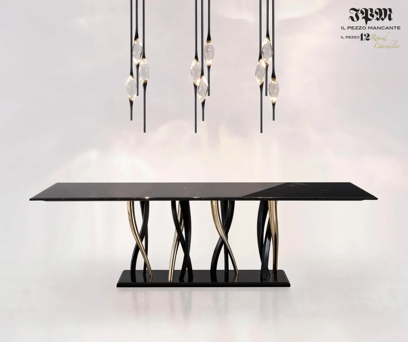 Elegant Il Pezzo Mancante Il Pezzo 12 suspension lamp crafted in clear crystal and refined brass with sleek black metal components