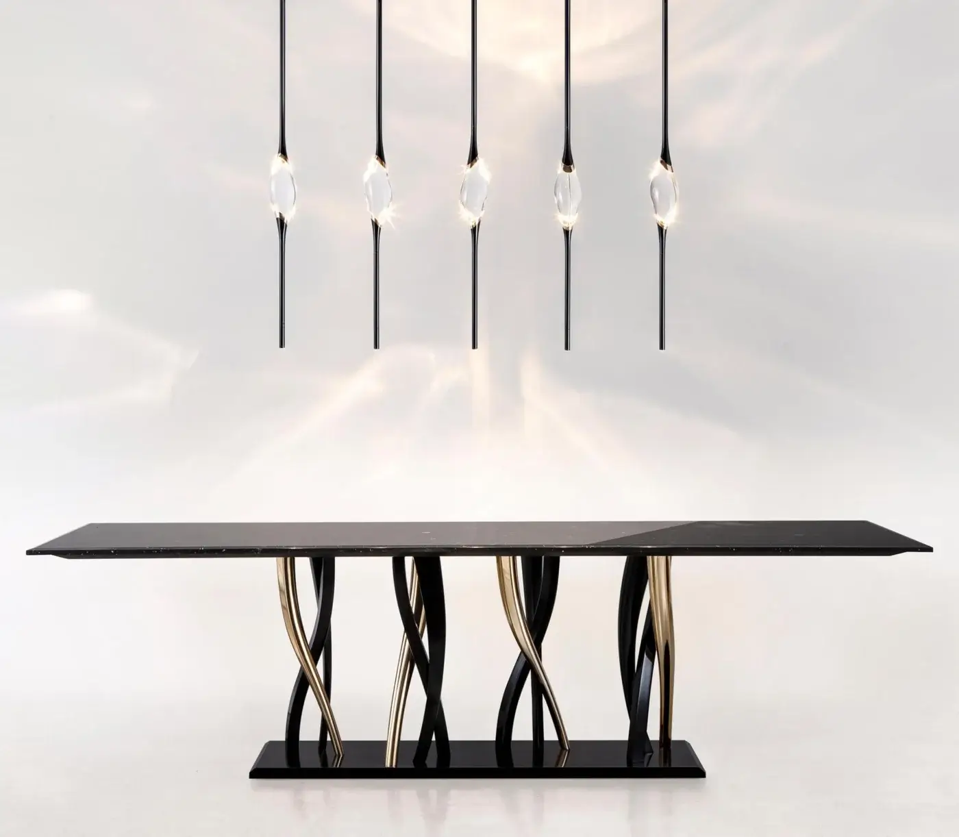 Distinguished Il Pezzo Mancante Il Pezzo 12 suspension lamp with a female figure carrying light within clearest crystal and refined dark brass stems