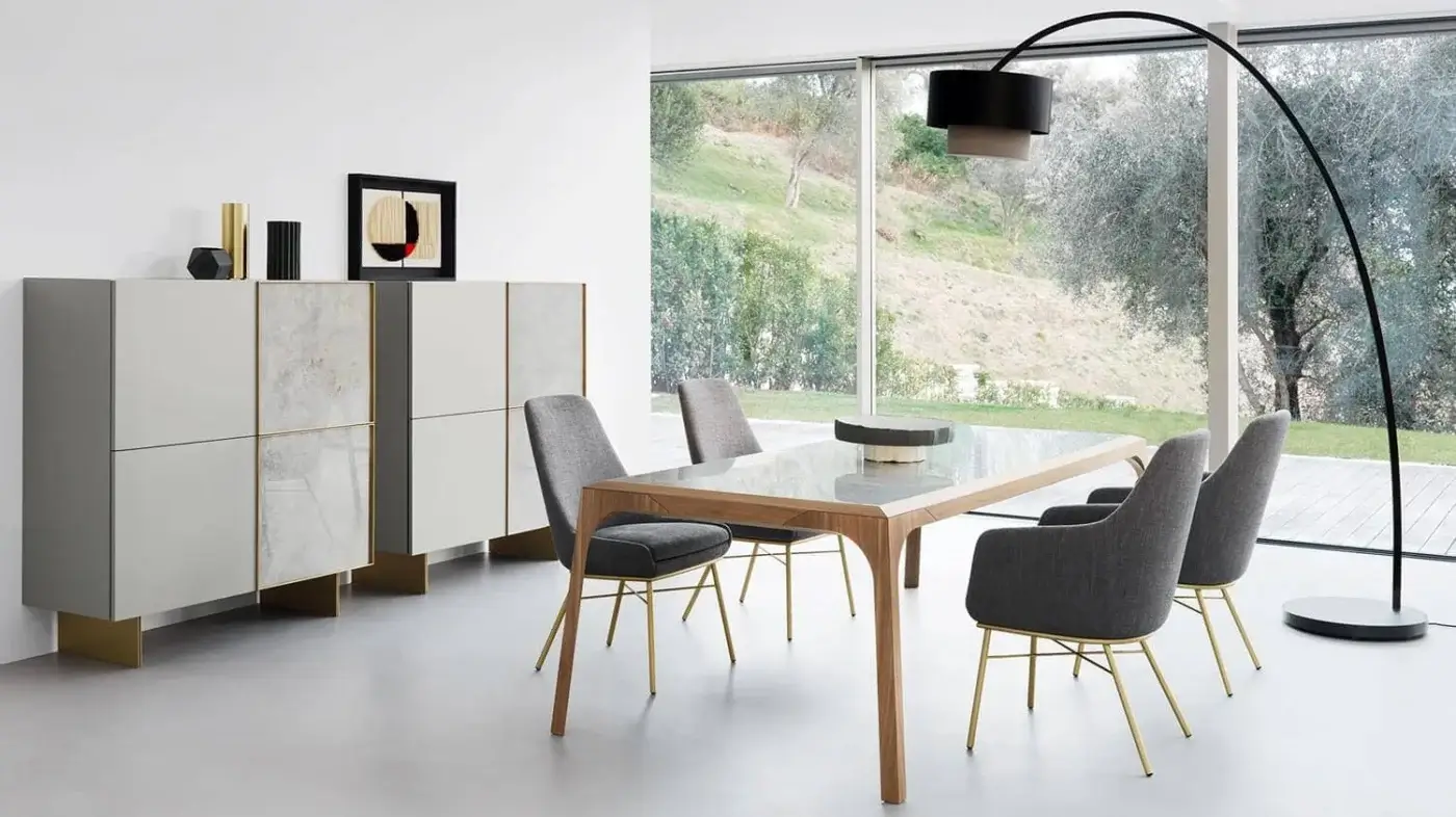 Distinguished Presotto Relevè table with dark oak wood frame and light gray back lacquered glass top crafted in Italy