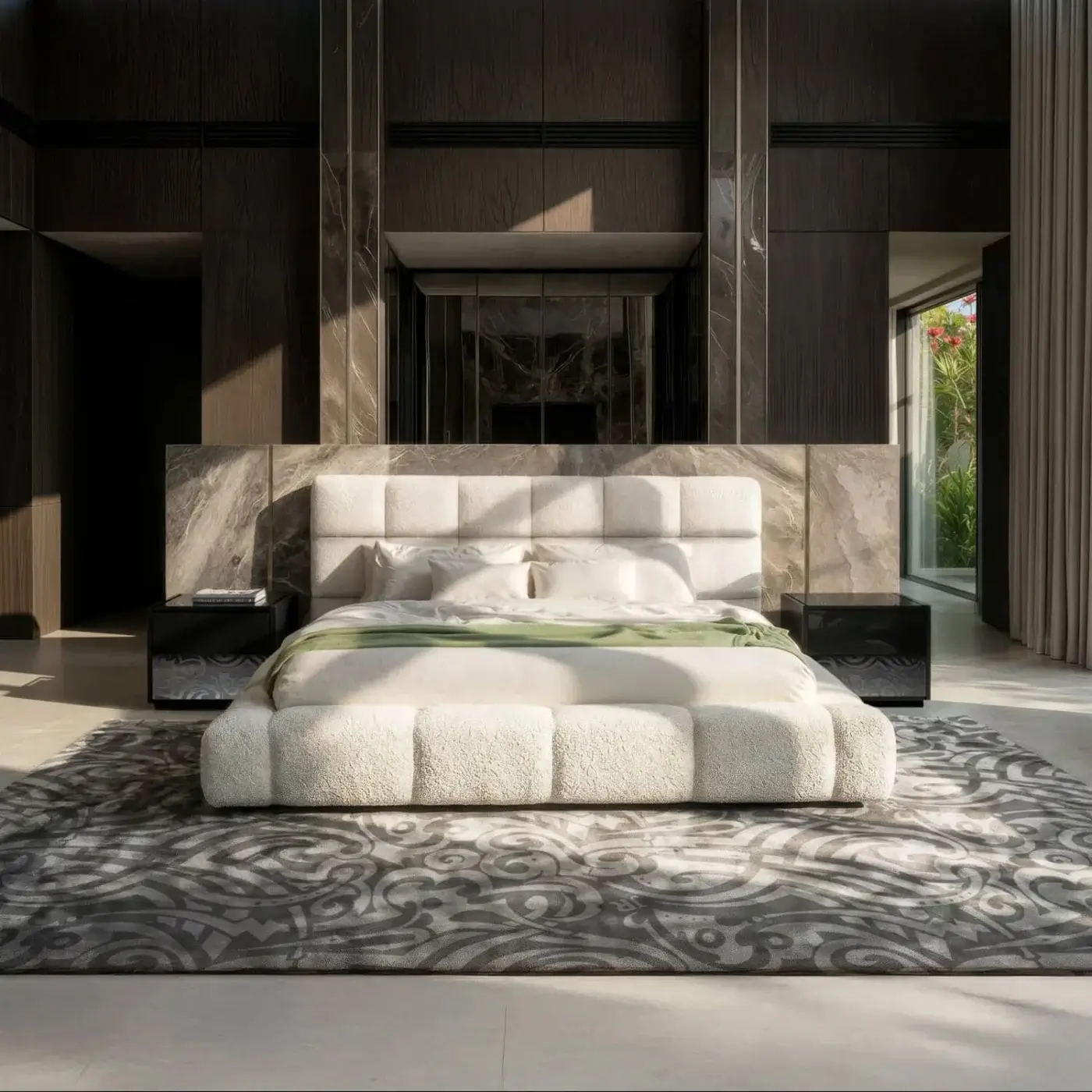 Luxury Zac JR-195 nightstand in matte black lacquer with polished stainless steel drawers and tribal tattoo print décor