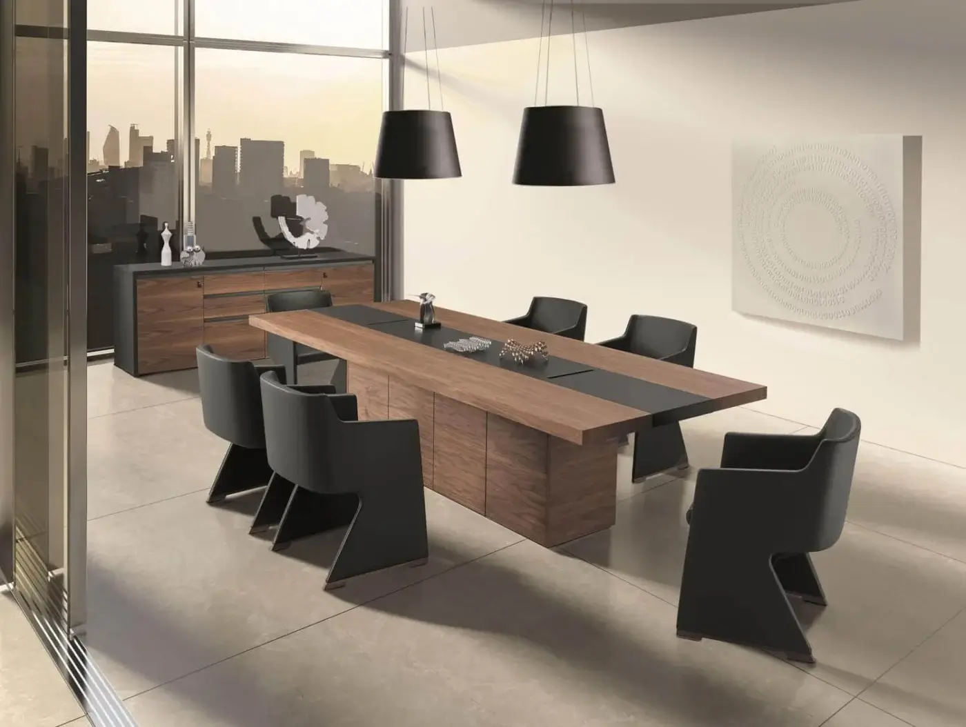 Elegant 4 Mariani Kefa sideboard with wood veneer fronts and leather top, crafted with titanium varnished aluminum profile accents