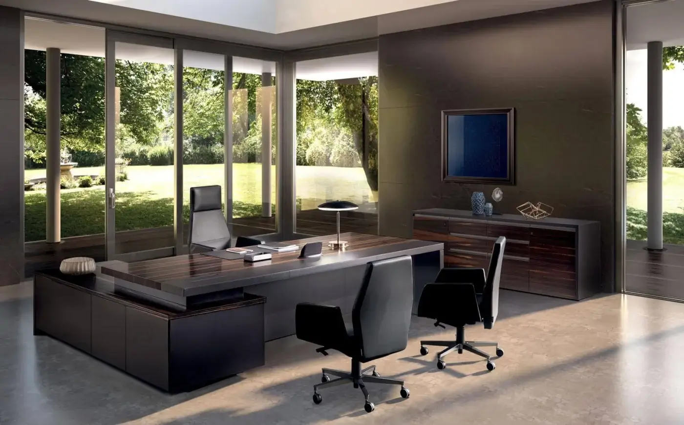 Distinguished 4 Mariani Kefa sideboard crafted in dark brown wood veneer with a satin sheen and rich leather accents with titanium handles