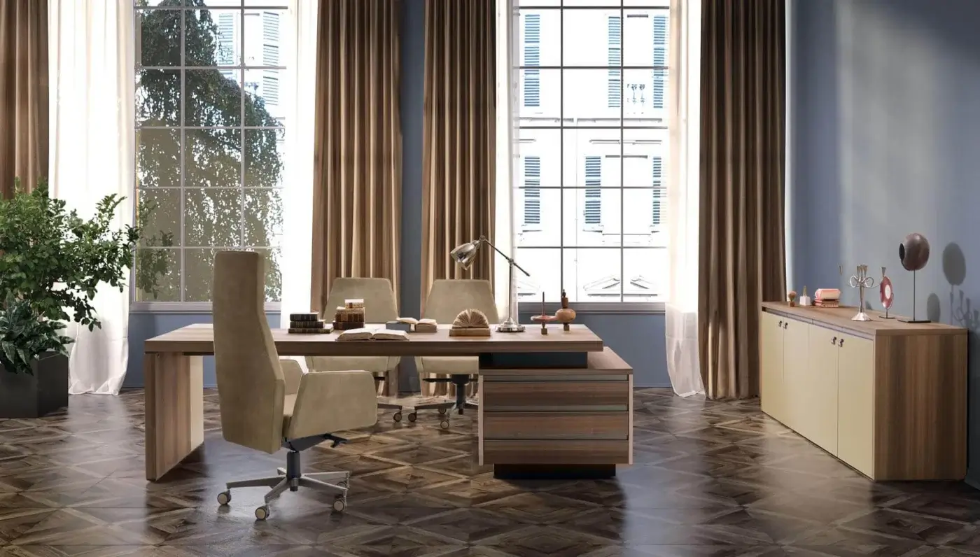 Exclusive 4 Mariani Kefa sideboard crafted in light-toned wood veneer with leather accents and titanium varnished aluminum profile handles