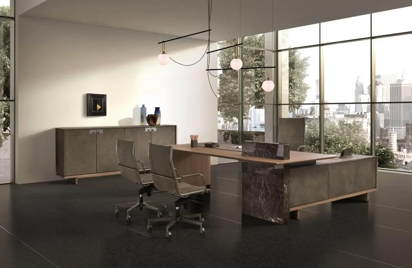Elegant 4 Mariani Cartesiano sideboard with Black walnut grey stained wood veneer and matte black drawers