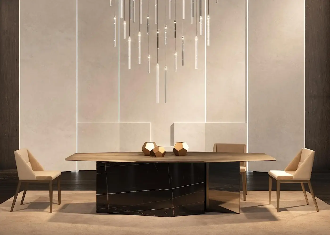 Exceptional Reflex Cubitum table with a light brown wood-like top and geometric base crafted in marble glass with a bronze mirror finish