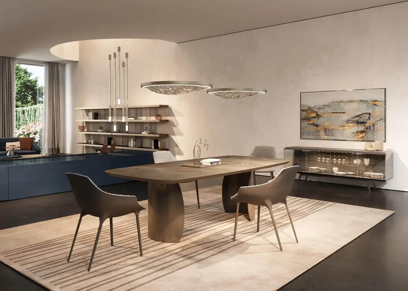 Distinguished Reflex London sideboard with muted gray finish, metal feet and marble glass within a transparent glass cabinet