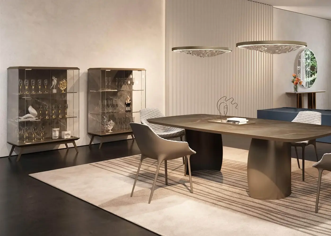 Distinguished Reflex London cupboard with transparent glass, bevelled wood and metal feet, showcasing London engraving or Marble Glass