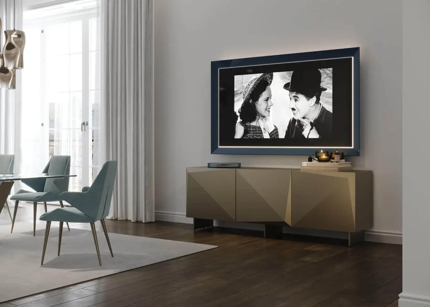Innovative Reflex Origami Maxi sideboard in lacquered wood with transparent glass legs and smooth matte finish
