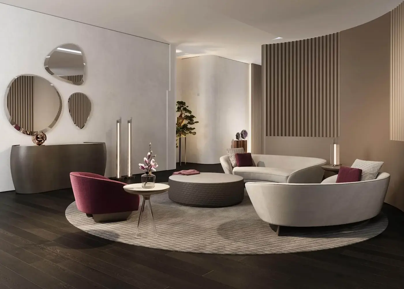 Superior Reflex Segno lounge chair upholstered in light gray textile with bronze finished continuous metal legs and burgundy accent pillow