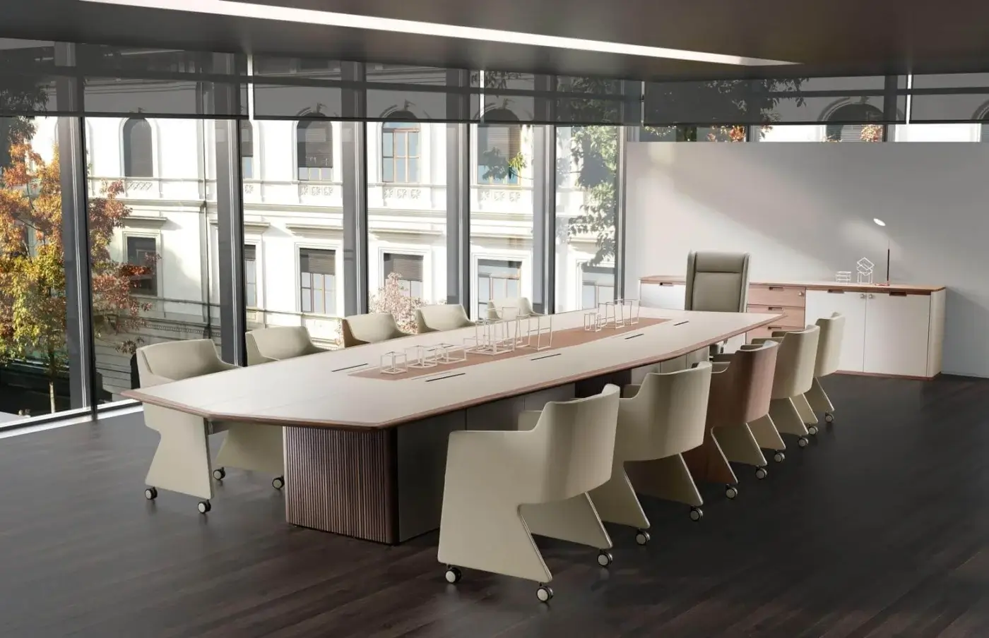 Exclusive 4 Mariani Master Conference table with saddle leather and Black Walnut wood in grey stained finish with integrated electrification