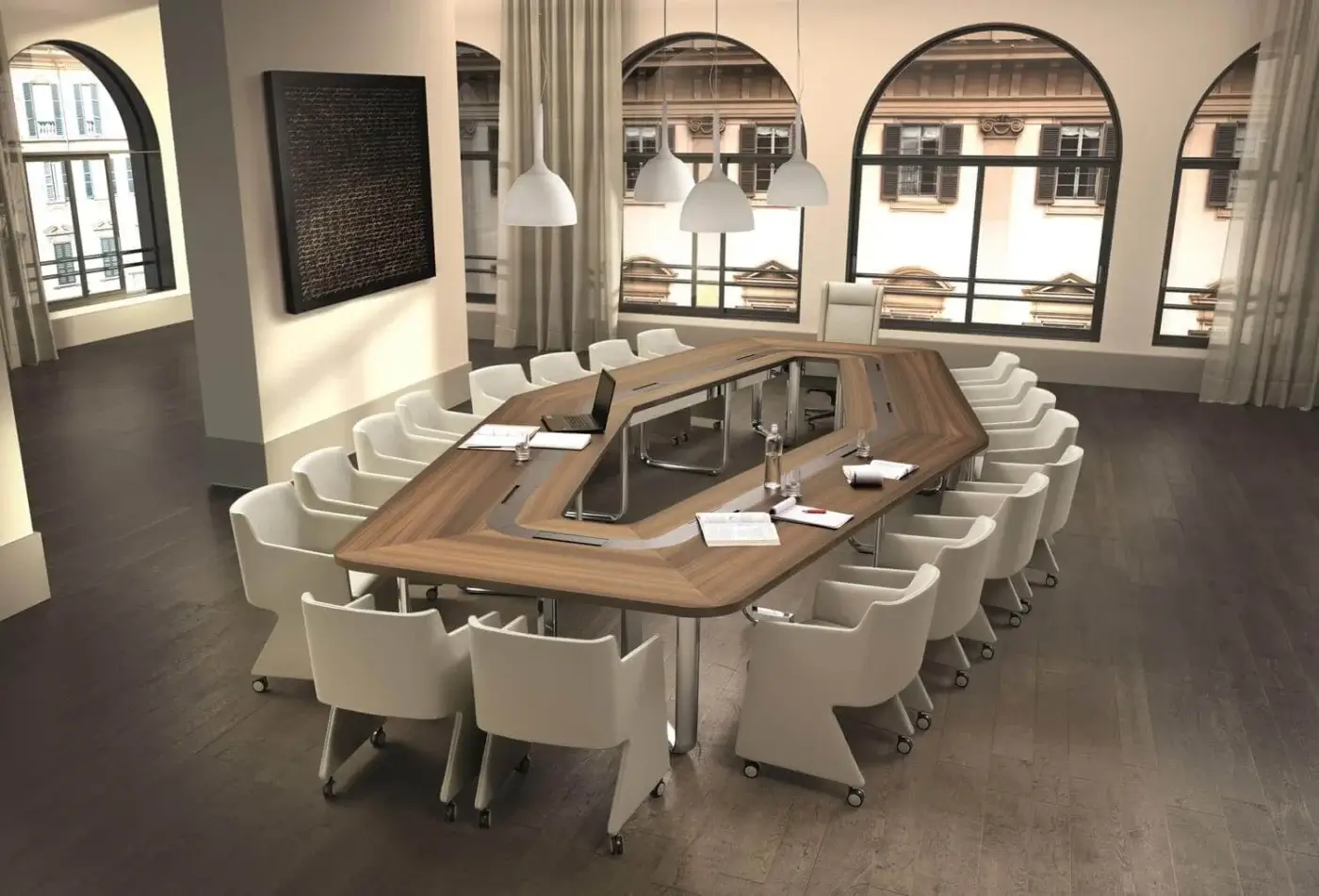 Distinguished 4 Mariani Leader conference table with Eucalyptus wood and saddle leather, exhibiting a smooth matte finish and chrome-effect aluminum legs