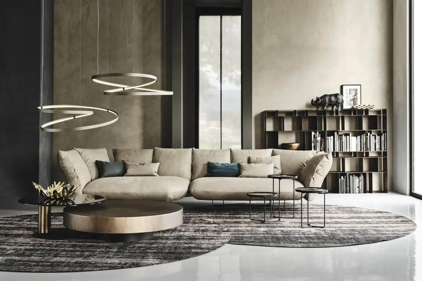 Distinguished Cattelan Italia Heaven suspension lamp with intertwined rings crafted in titanium embossed lacquered structure and integrated LED strip