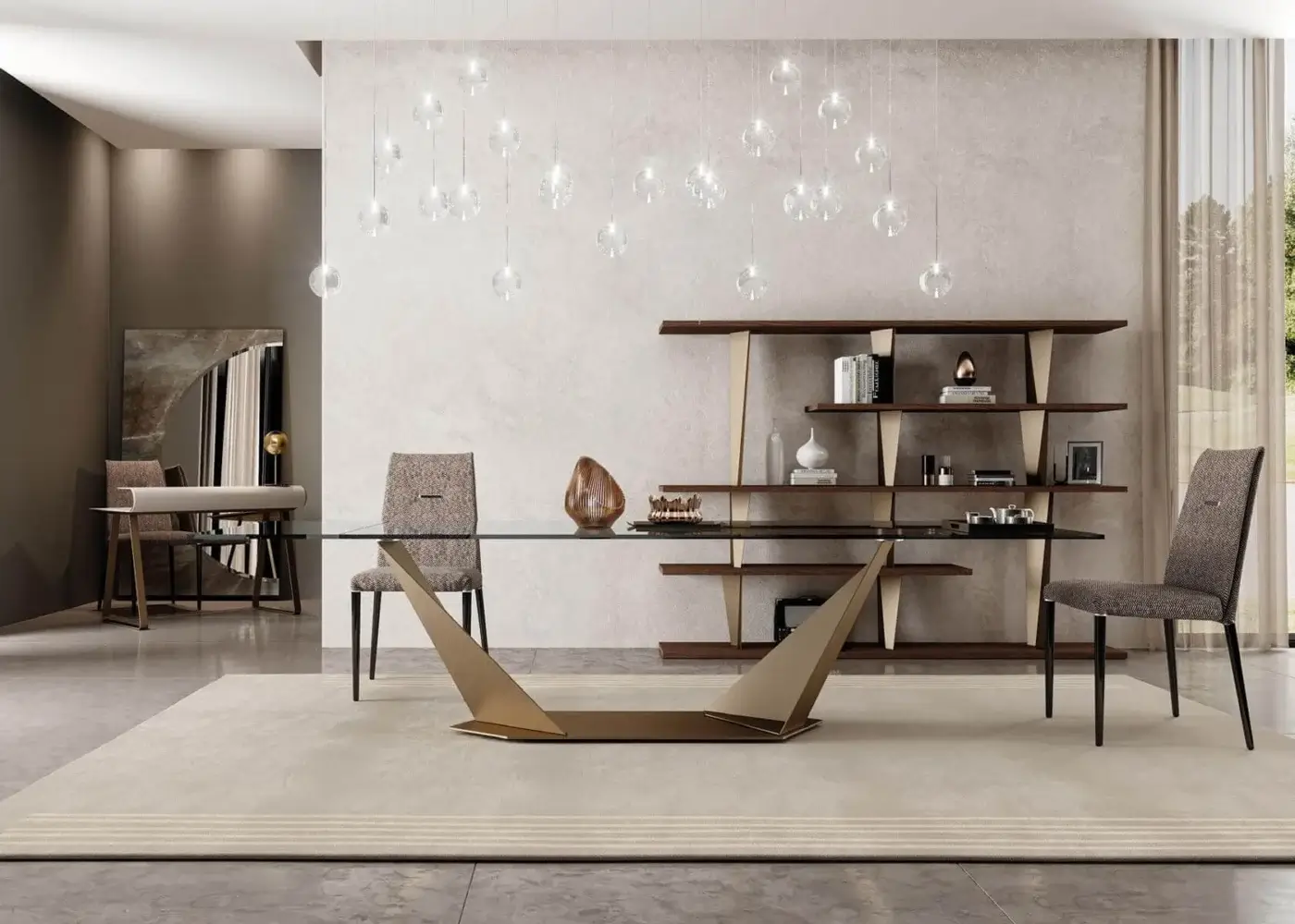 Exclusive Reflex Quartz table with transparent tempered glass top and glossy bronze metal base