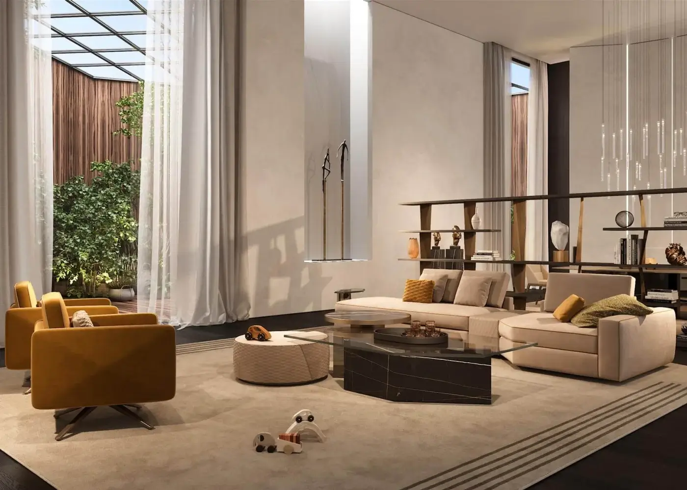 Distinguished Reflex Cubitum coffee table with hexagonal extra-clear glass and a wooden base crafted in bronze finish with marble glass