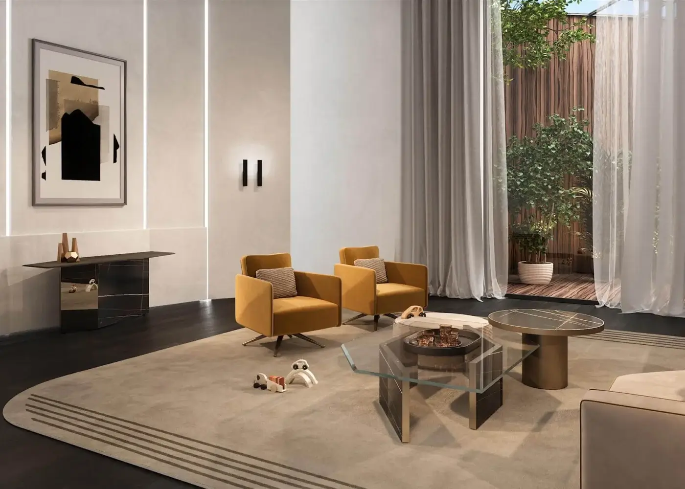Exceptional Reflex Cubitum coffee table with hexagonal extra-clear glass and bronze finished wooden base crafted with a bronze mirror