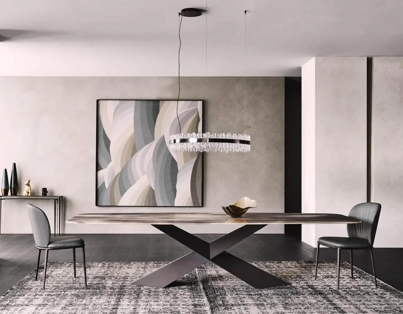 Luxury Cattelan Italia Tyron table with black embossed steel and extra-clear bevelled glass boasting artistic beige, brown, and gray tones