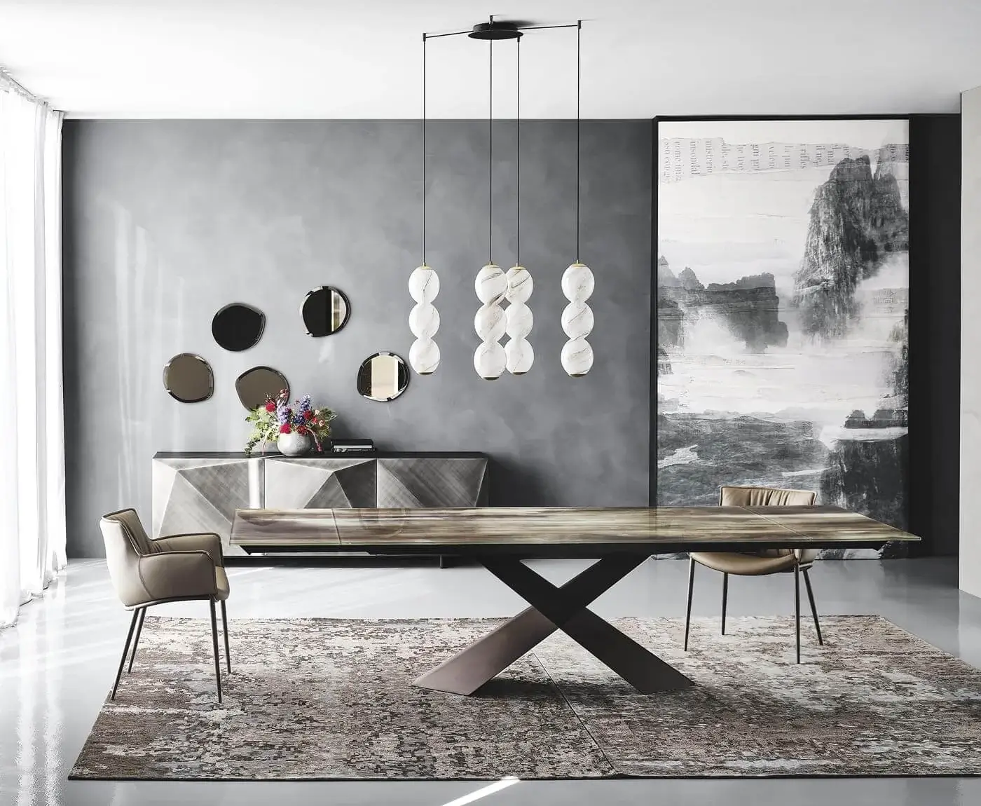 Sophisticated Cattelan Italia Rhonda armchair with black embossed lacquered steel base and smooth beige textile cover