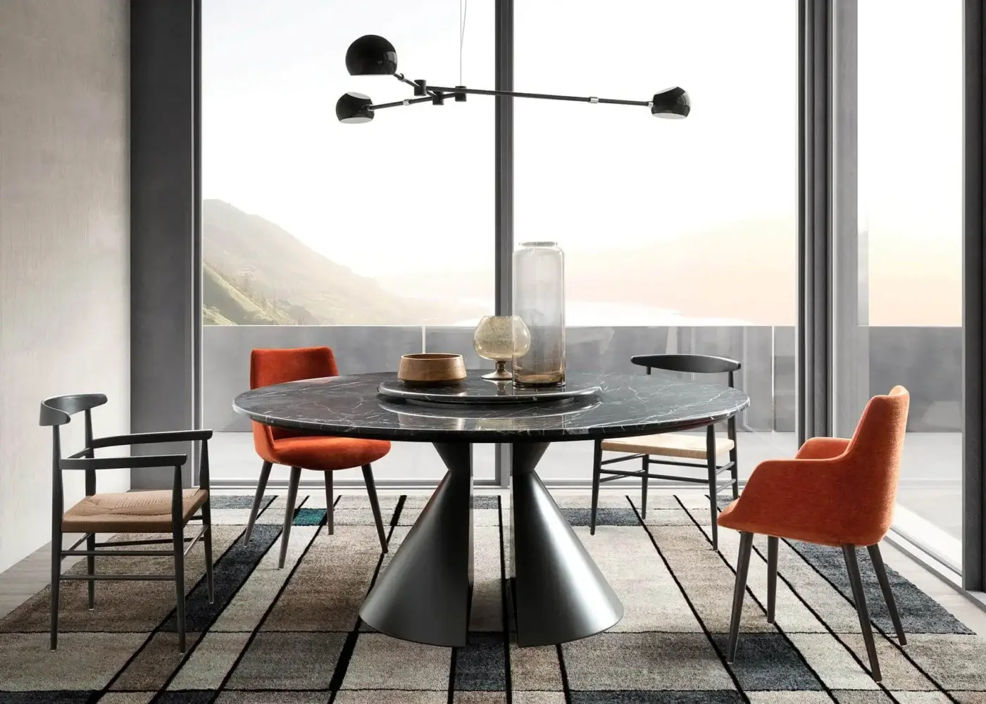 Captivating Presotto Divina armchair with enveloping form upholstered in vibrant orange textile and black lacquer ash legs