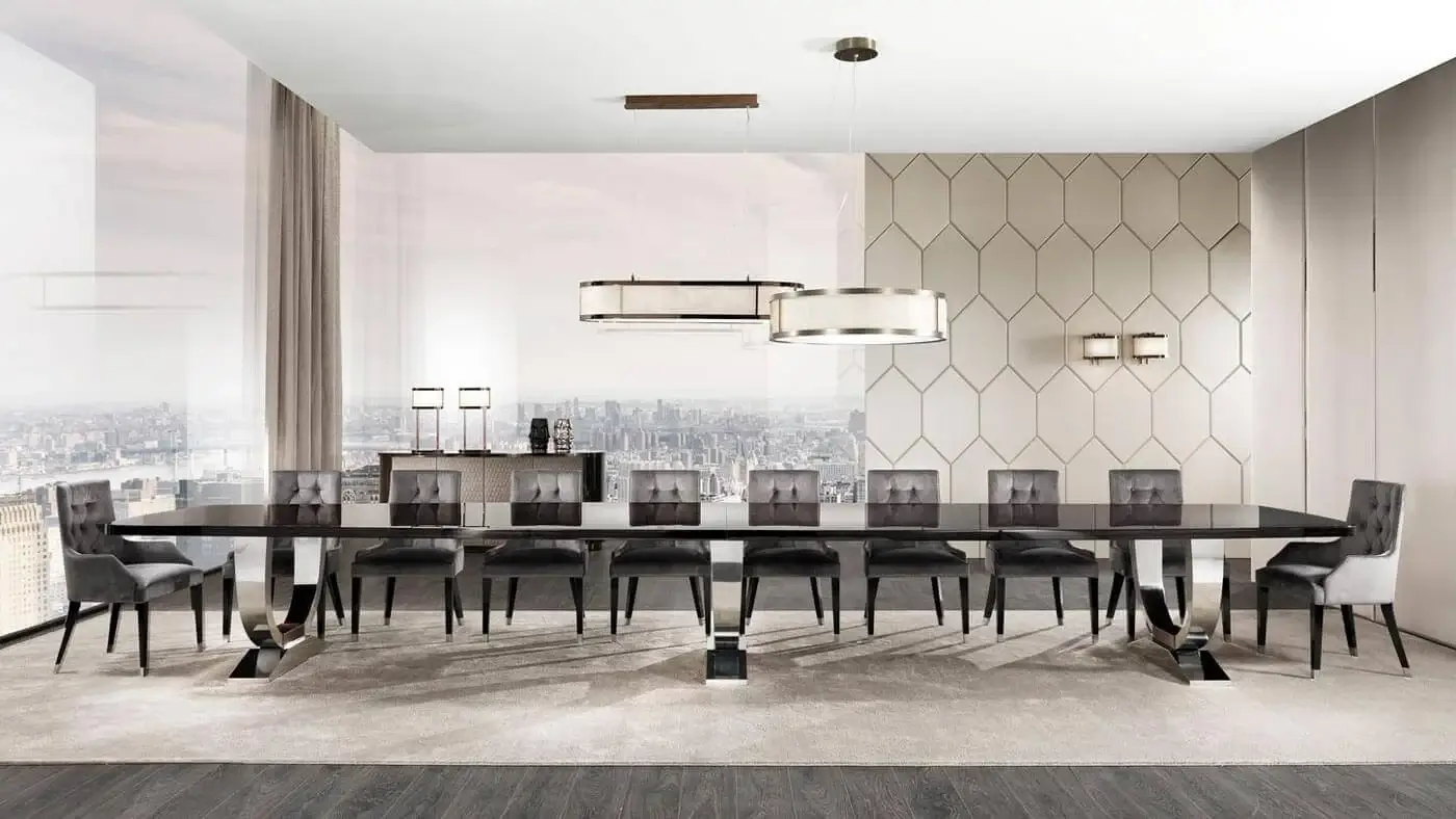Elegant DV Home Collection Hermes Suite conference table in Cacao walnut with a glossy finish and stainless steel base