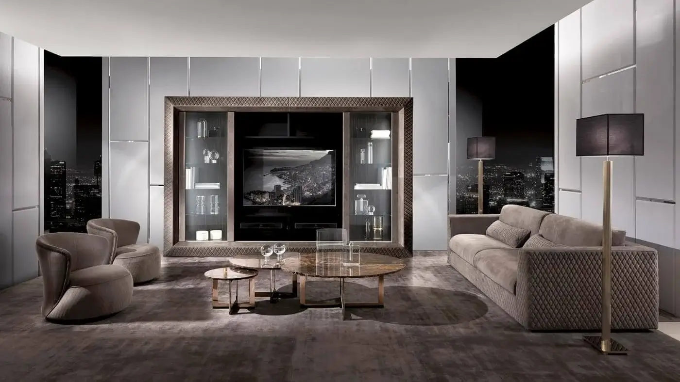 Lavish DV Home Collection Byron TV cabinet with quilted leather, Ebano Macassar veneer and glass-fronted display panels