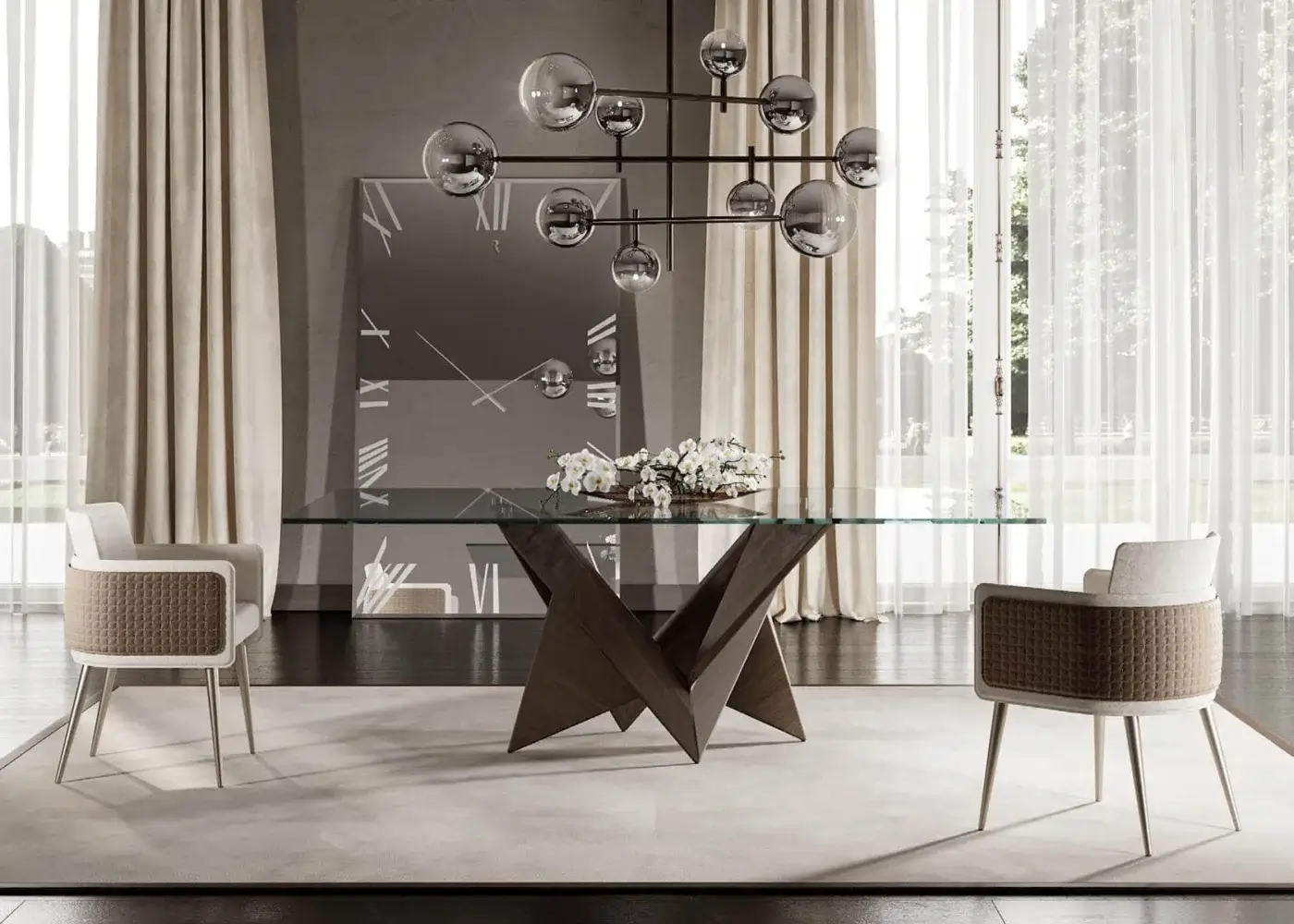 Superior Reflex Bulles XL suspension lamp with bronze metal structure and transparent borosilicate glass spheres reflecting light