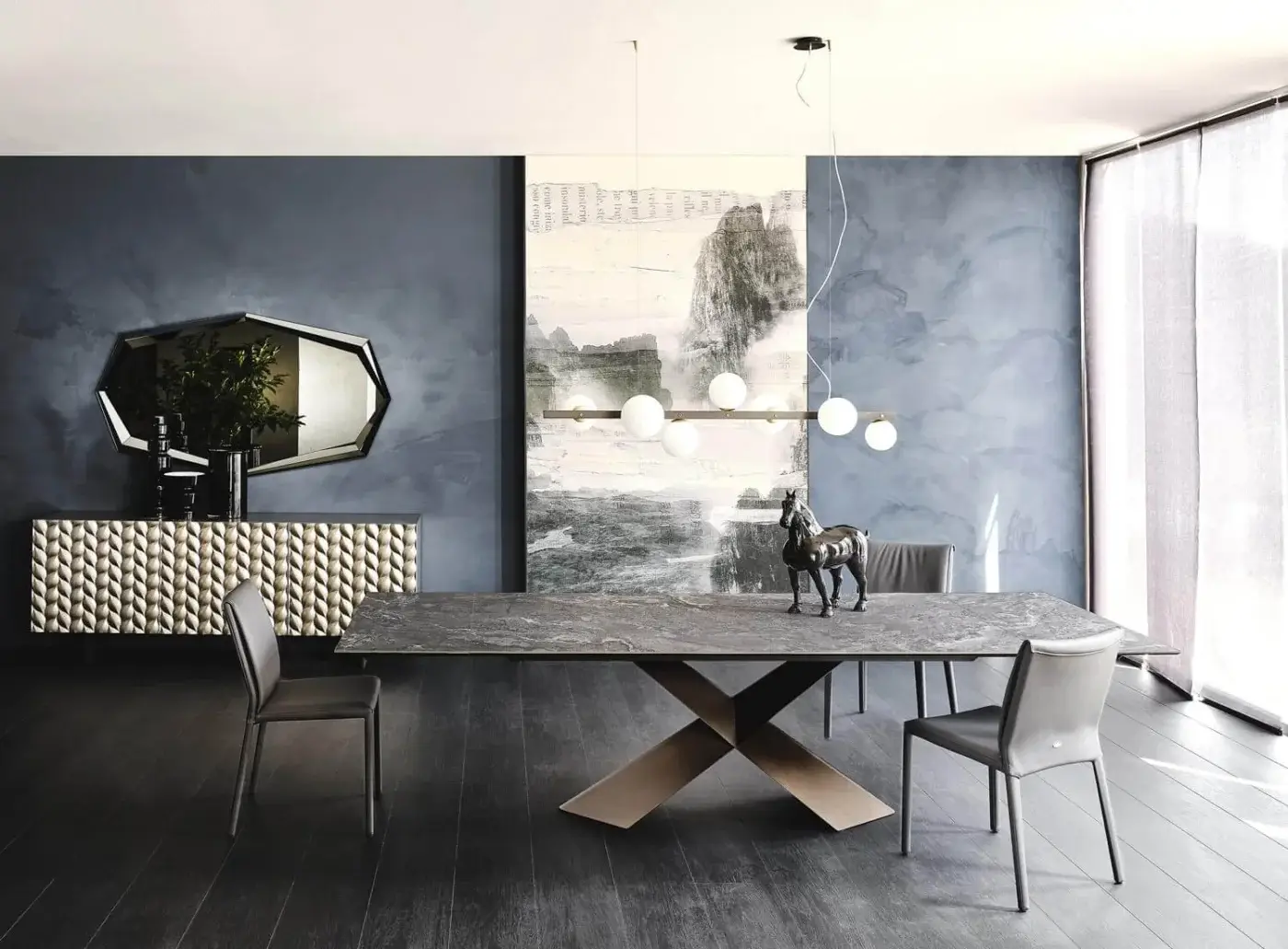 Exceptional Cattelan Italia Tyron table with textured Ardesia ceramic top and embossed lacquered steel X base in bronze finish