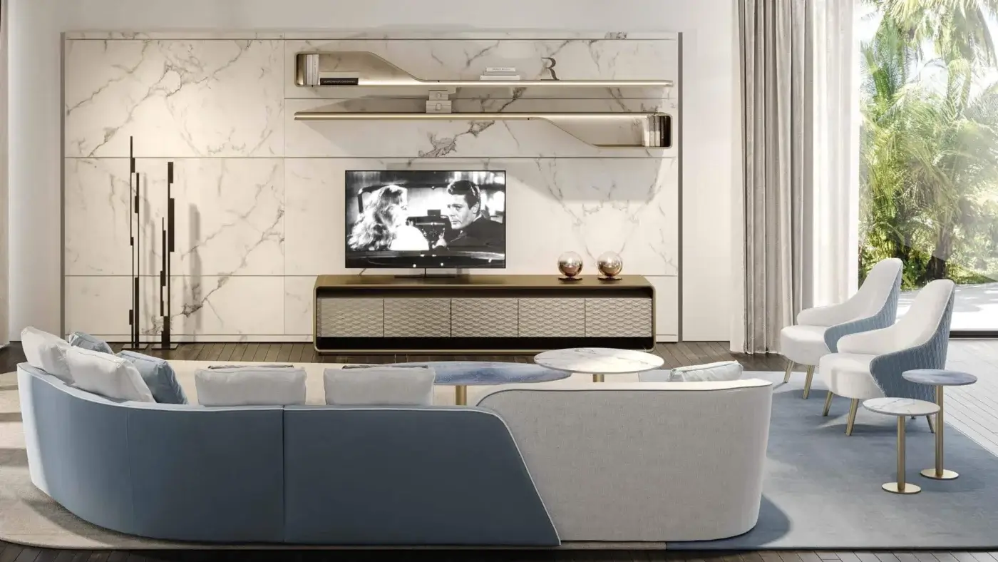 Harmonious Reflex System 01 wall unit with boiserie panels, illuminated shelves, and a marble-patterned surface built in dark wood and patterned synthetic material
