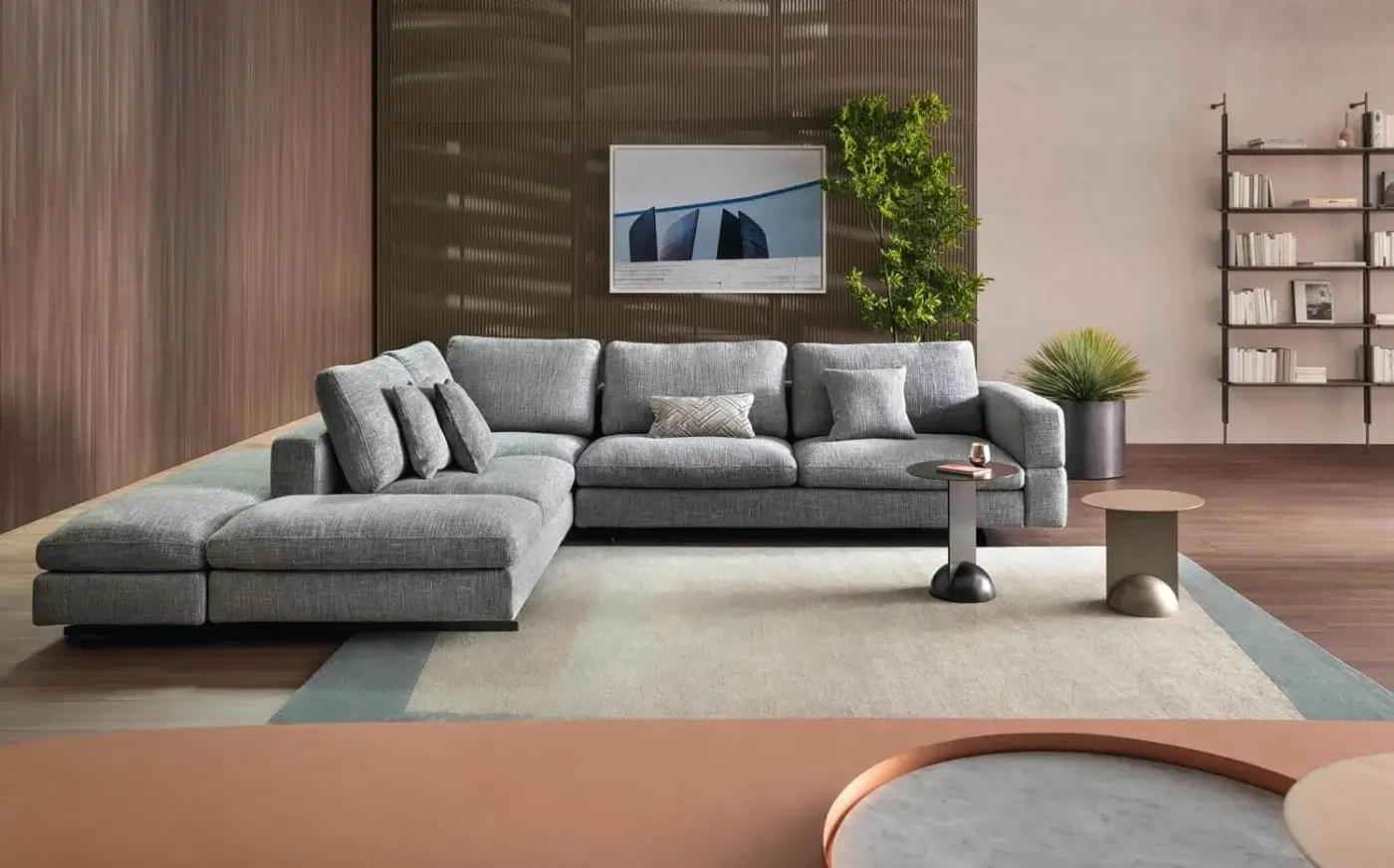 Exceptional Bonaldo Ever More sectional with plush cushions upholstered in matte medium gray textile and dark base