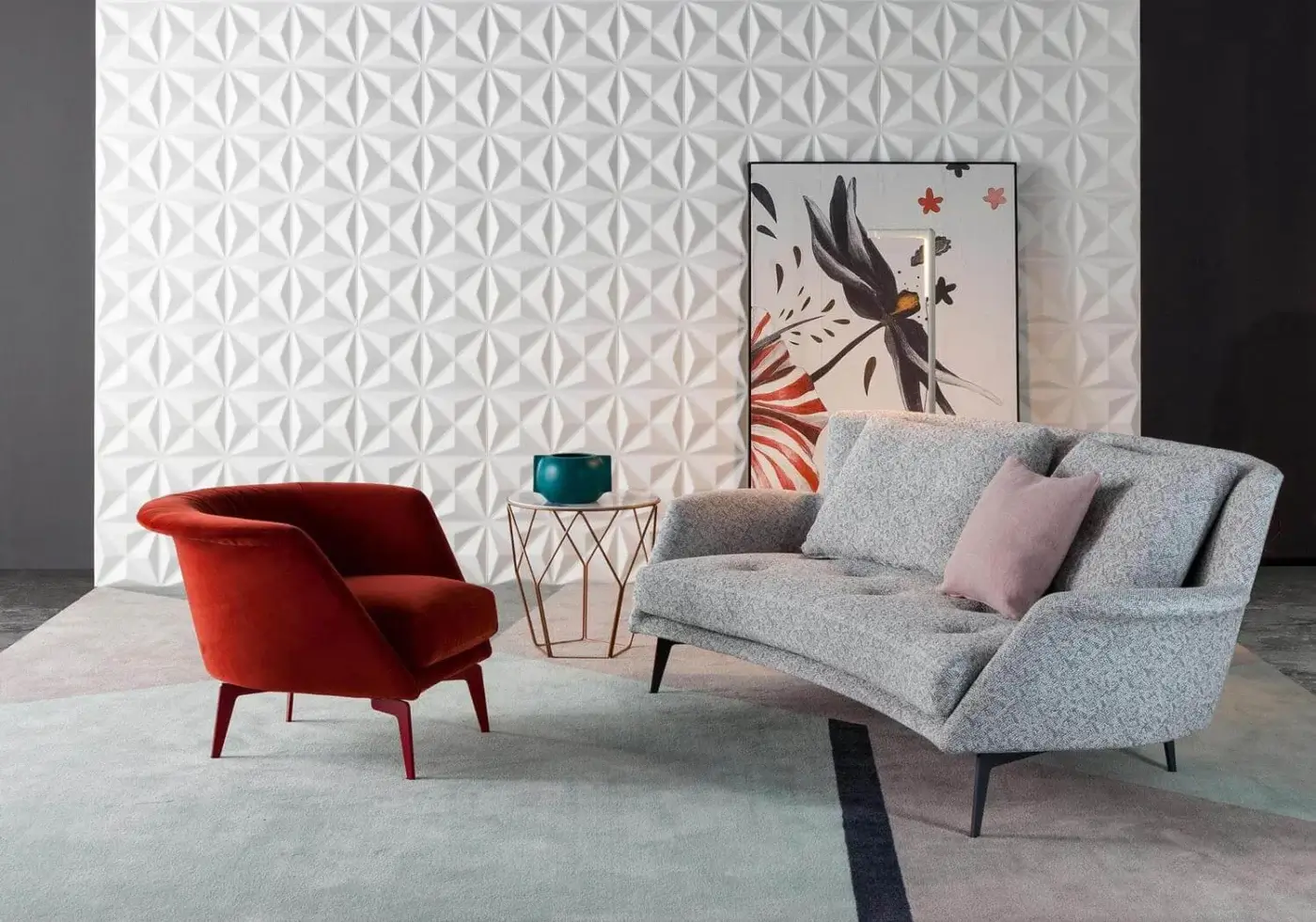 Elegant Bonaldo Lovy Hi sofa with light gray patterned removable fabric and dark matt painted metal feet