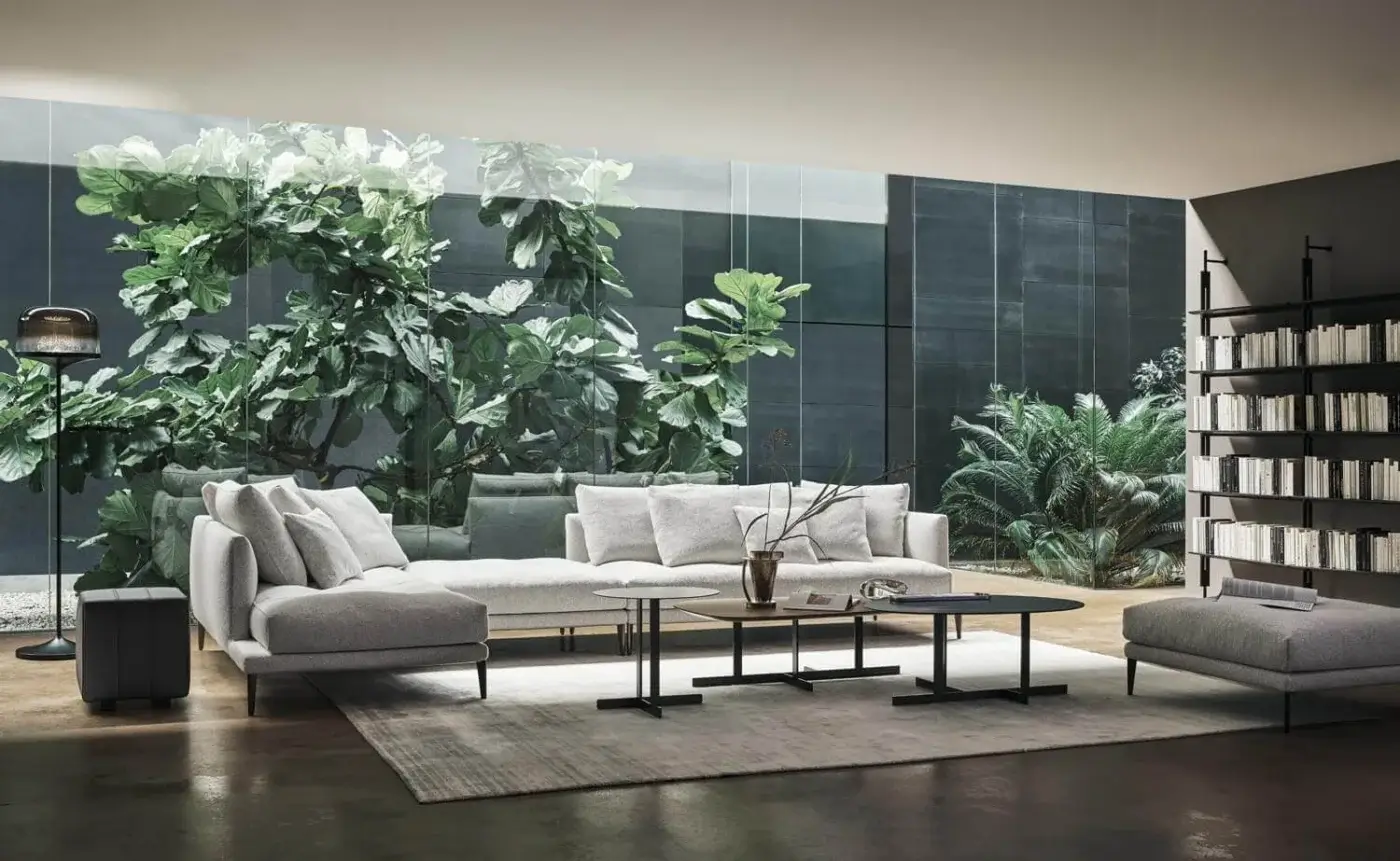 Superior Bonaldo Soft Island sectional with light gray textile upholstery, matte finish and deep tufting for exceptional comfort