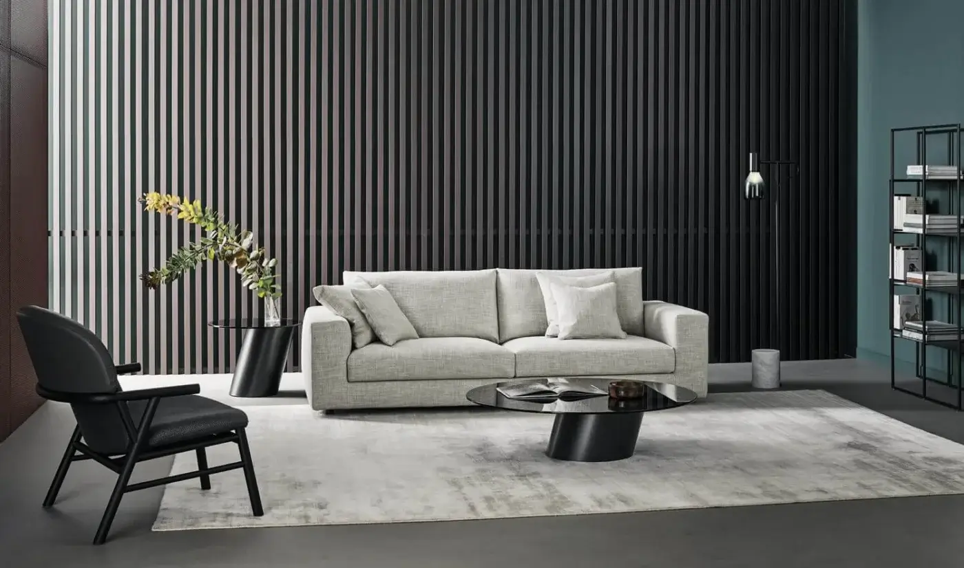 Superior Bonaldo Superhiro sofa with light gray fabric upholstery and matte painted metal cylindrical feet