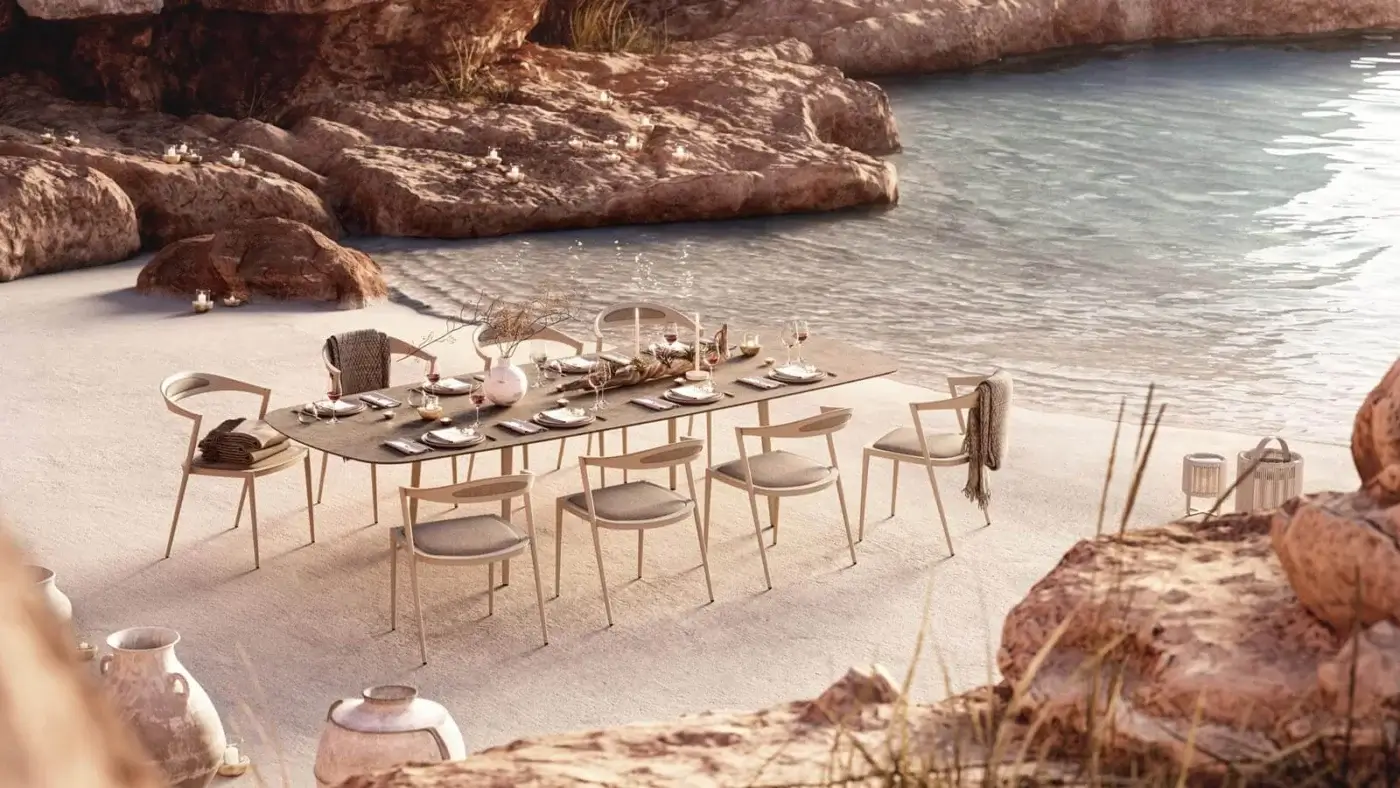 Exceptional Royal Botania Styletto chair crafted with aluminum in a light beige tone and matte finish with a comfortable textile seat cushion