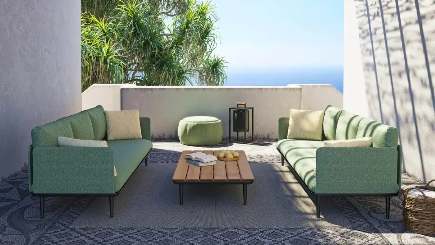 Distinguished Royal Botania Styletto lounge coffee table with sustainable teak wood top and dark metal border finish