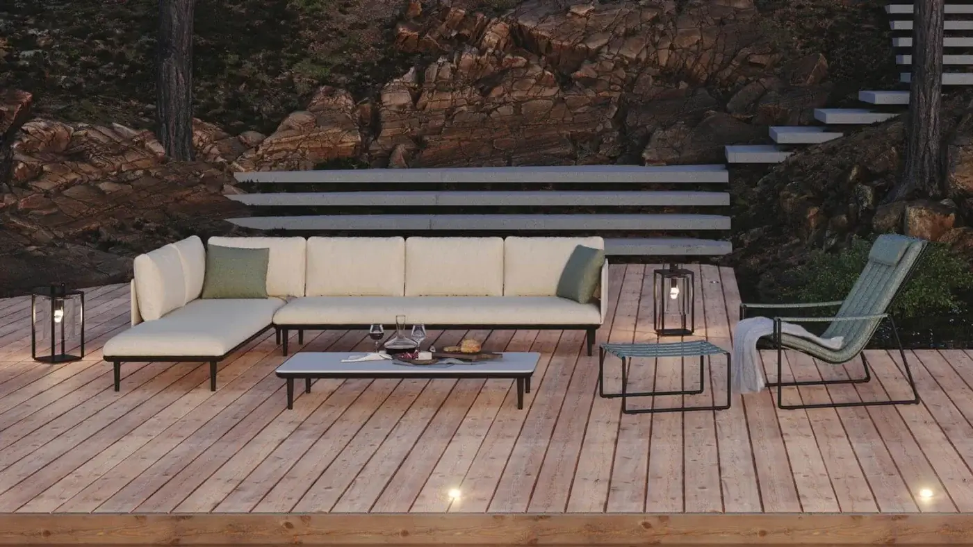 Superior Royal Botania Styletto Lounge sectional with plush light beige textile upholstery, dark metal legs and teak wood coffee table