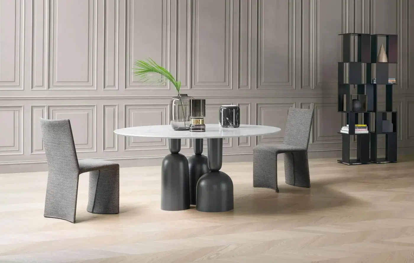 Innovative Bonaldo Cop table with ceramic top and matte black painted metal base crafted in Italy