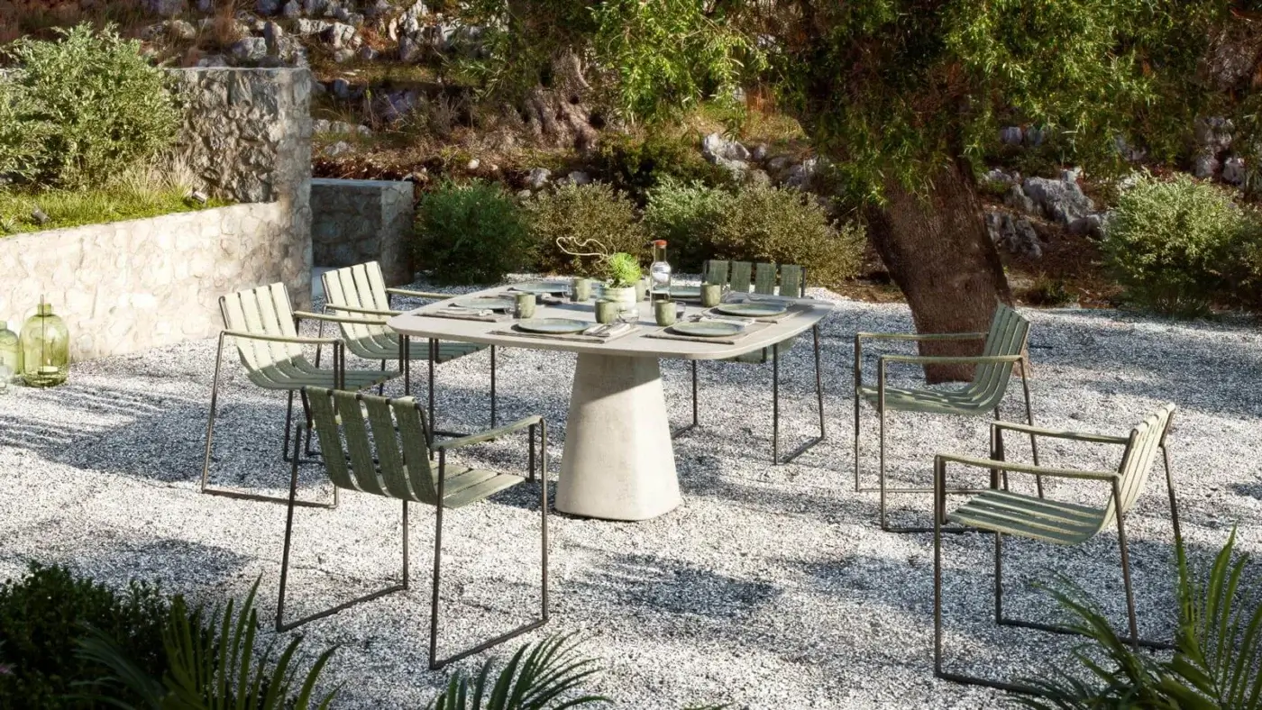 Exceptional Royal Botania Strappy armchair with a coated stainless steel frame and light green seat straps for indoor or outdoor use